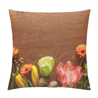 Personality  Top View Of Blooming Colorful Spring Flowers On Wooden Background Pillow Covers