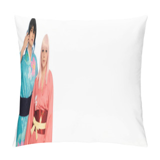 Personality  Young Cosplay Couple In Colorful Kimonos And Wigs Looking At Camera On White, Horizontal Banner Pillow Covers