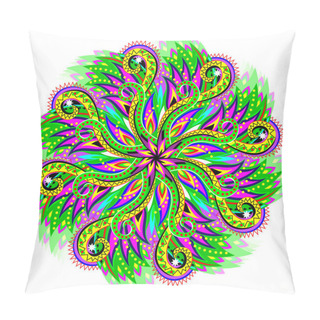 Personality  Fantasy Latin American Ornament Done In Kaleidoscopic Style. Geometric Circle Vector Image. Pillow Covers