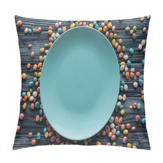 Personality  Top View Of Empty Plate Surrounded By Colorful Candies On Wooden Table  Pillow Covers