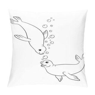 Personality  Coloring Pages. Two Little Cute Seals Swim. Pillow Covers