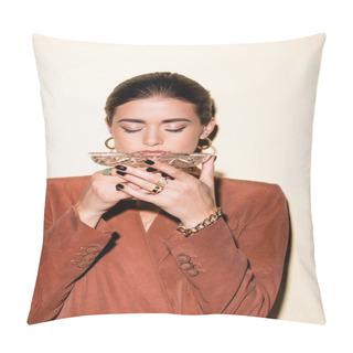 Personality  Brunette Woman In Brown Blazer Drinking Champagne From Glass On White Pillow Covers