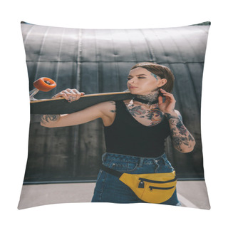 Personality  Young Stylish Tattooed Girl Looking Away And Holding Skateboard Over Shoulder  Pillow Covers
