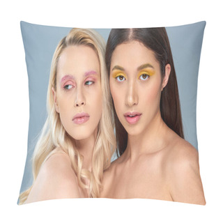 Personality  Diverse Beauty, Portrait Of Two Multicultural Models With Vibrant Makeup Posing On Blue Background Pillow Covers