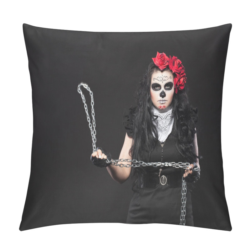 Personality  Depressed woman in day of the dead mask with chain pillow covers