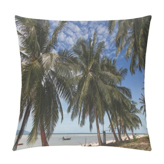 Personality  Beautiful Palm Trees Growing On Seashore With Fishermen Boats Floating In Water On Background Pillow Covers
