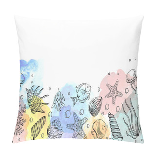 Personality  Composition Of Seashells, Starfish, Jellyfish. Underwater World Sea Background, Background With Copy Space. Pillow Covers