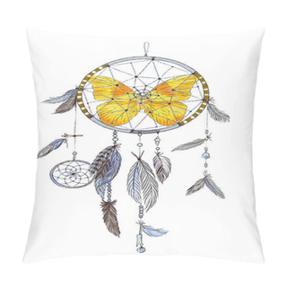 Personality  Dream Catcher With Feathers And Butterfly Isolated On White Background. Hand Drawn Illustration. Boho Style Pillow Covers