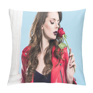 Personality  Attractive Girl Sniffing Red Rose Isolated On Blue, Valentines Day Concept   Pillow Covers