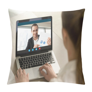Personality  Happy Businessman Showing Positive Financial Report Via Video Co Pillow Covers