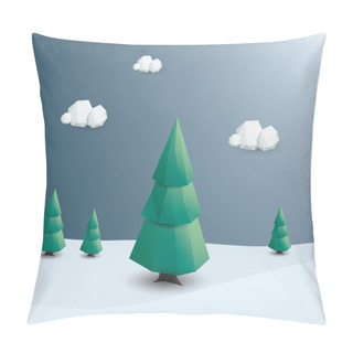 Personality  Winter Landscape Vector Background. Low Poly Nature Wallpaper With Green Trees And Snowy Scenery. Pillow Covers