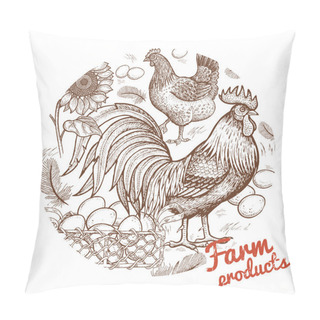 Personality  Vector Illustration Of A Rooster, Chicken, Basket With Eggs, Sun Pillow Covers