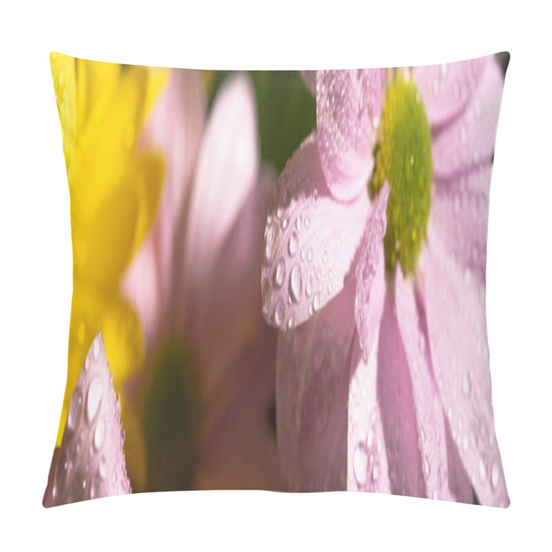 Personality  close up view of yellow and violet daisies with water drops, panoramic shot pillow covers