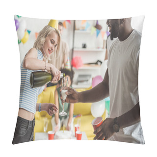 Personality  Young Woman Pouring Champagne In Glass In African American Man Hands Pillow Covers