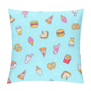 Personality  Fast Food Seamless Pattern On Blue Background Pillow Covers