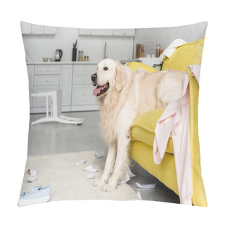 Personality  Cute Golden Retriever Lying On Yellow Sofa In Messy Apartment  Pillow Covers