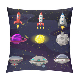 Personality  Space Cartoon Icons Set. Planets, Rockets, Ufo Elements On Cosmic Background, Vector, Isolated, Cartoon Style Pillow Covers
