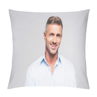 Personality  Smiling Handsome Adult Man Looking At Camera Isolated On White Pillow Covers