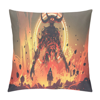 Personality  Knight With A Sword Facing The Lava Demon In Hell, Digital Art Style, Illustration Painting Pillow Covers