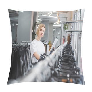 Personality  Saleswoman Holding Digital Tablet Near Clothes On Blurred Rack In Vintage Shop  Pillow Covers