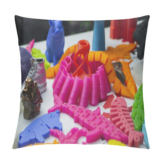 Personality  Many Bright Multi-colored Objects Printed On 3d Printer Lie On Flat Surface Pillow Covers