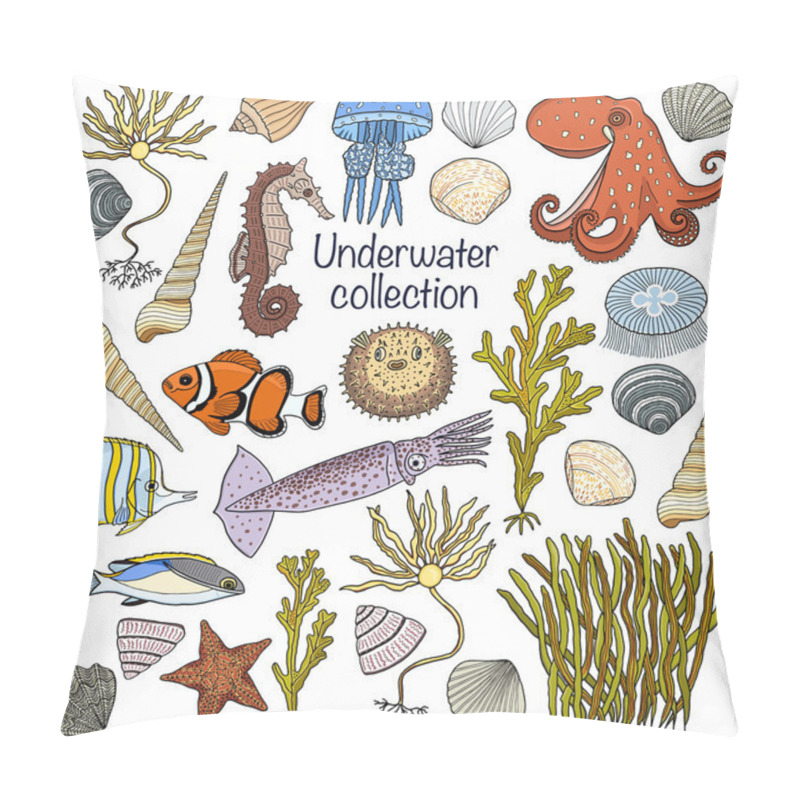 Personality  Underwater collection: shells, starfish, seaweed, deep sea fish, seahorse, jellyfish, octopus, squid. Vector illustration. pillow covers