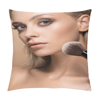 Personality  Close Up View Of Woman With Perfect Skin Powdering Face With Soft Cosmetic Brush Isolated On Beige Pillow Covers