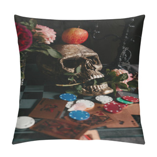 Personality  Skull With A Rose Flower On The Table.  Pillow Covers