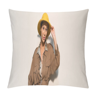 Personality  Happy Archaeologist In Beige Jacket Adjusting Safari Hat On Grey Background, Banner Pillow Covers