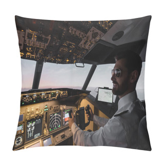 Personality  Cheerful Pilot In Sunglasses Using Yoke While Piloting In Evening  Pillow Covers