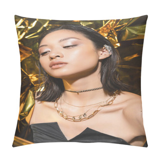 Personality  Asian Young Woman With Short Hair Posing In Strapless Dress With Black Glove While Standing Next To Shiny Yellow Background, Model, Looking Away, Wrinkled Golden Foil, Wet Hairstyle  Pillow Covers