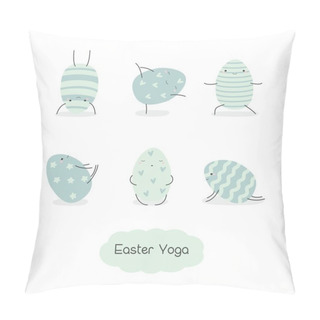 Personality  Set Of Easter Eggs In Kawaii Style . Easter Yoga. Stripes, Waves, Dots, Hearts, Stars. Perfect For Holiday Greetings. Vector Illustration. Pillow Covers