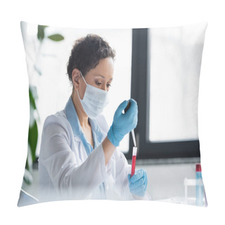 Personality  African American Scientist In Medical Mask Making Experiment With Equipment In Lab  Pillow Covers