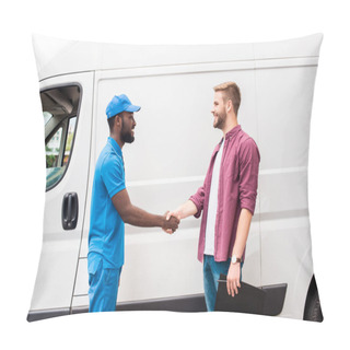 Personality  Side View Of Multicultural Courier And Client Shaking Hands Near Van Pillow Covers