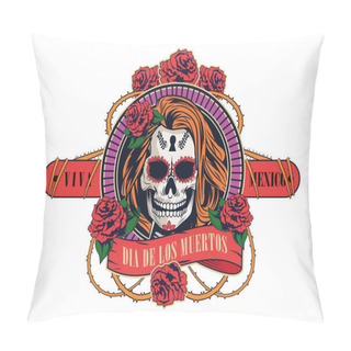Personality  Dia De Los Muertos Celebration With Woman Skull And Roses Flowers Pillow Covers