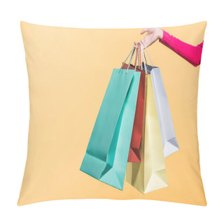 Personality  Cropped View Of Woman With Shopping Bags, Isolated On Yellow Pillow Covers
