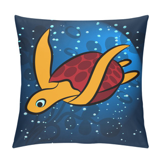 Personality  Sea Turtle, Exotic. Waterfowl Animal. Floats Surrounded By Air Bubbles, Against The Background Of Seaweed Blue. In A Ray Of Light. For Printing On Fabric, Clothing. Vector Illustration. Pillow Covers