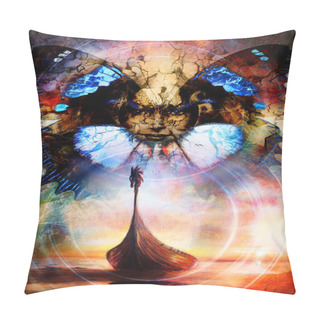 Personality  Goddess Woman And Oriental Ornamental Mandala With Butterfly And Boat. Painting Collage. Pillow Covers