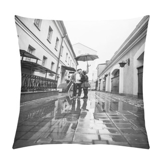 Personality  Happy, Loving Couple Kissing Under An Umbrella On A City Street On A Rainy Day Pillow Covers