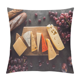 Personality  Flat Lay With Baguettes, Assorted Cheese And Fruits On Dark Tabletop Pillow Covers