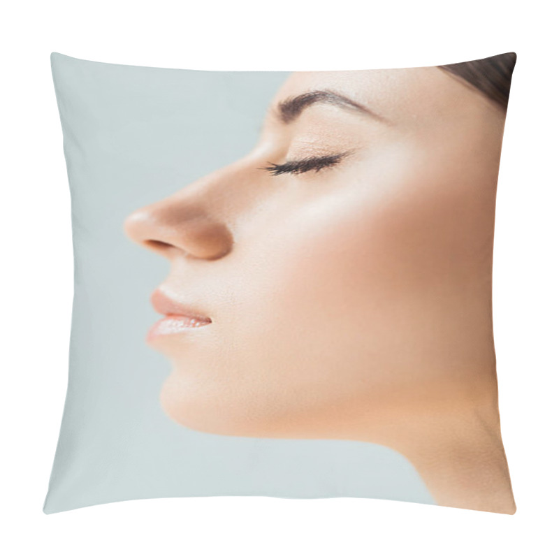 Personality  Profile Of Young Woman With Closed Eyes, Shiny Lips And Golden Eye Shadow Isolated On Grey Pillow Covers