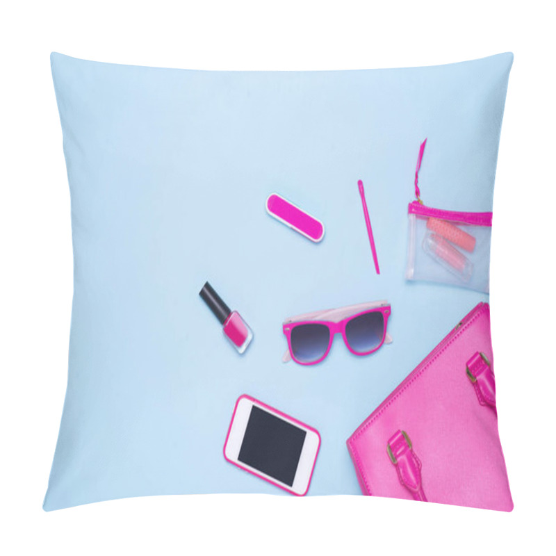 Personality  Flat Lay Of Female Fashion Accessories And White Handbag On Blue  Color Background With Copyspace Pillow Covers