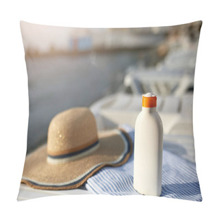 Personality  Suntan Cream Bottle On Beach Towel With Sea Shore On Background. Sunscreen On Deck Chair Outdoors On Sunrise Or Sunset At Luxury Spa Resort. Skin Care And Protection Concept And Travel. Golden Tan. Pillow Covers