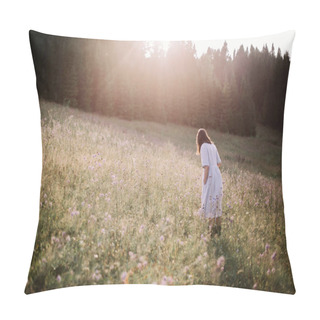 Personality  Stylish Girl In Rustic Dress Walking In Wildflowers In Sunny Mea Pillow Covers