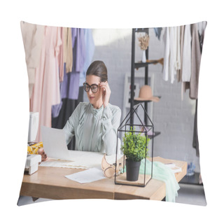 Personality  Seamstress Looking At Sketch Near Cloth And Sewing Machine  Pillow Covers