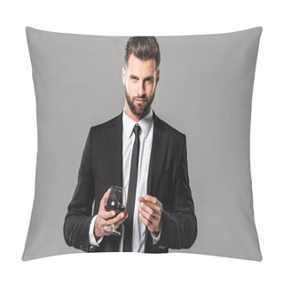 Personality  Successful Businessman In Black Suit Holding Glass With Whiskey And Cigar Isolated On Grey Pillow Covers