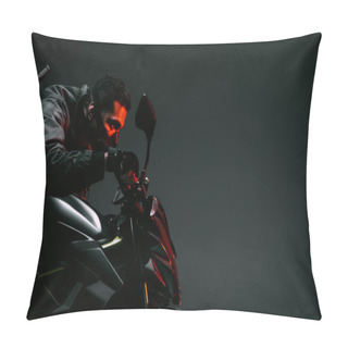Personality  Side View Of Dangerous Bi-racial Cyberpunk Player In Mask Riding Motorcycle On Grey  Pillow Covers