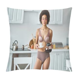 Personality  Radiant Young African American Woman With Eye Patches Holding Cup And Coffee Pot In Kitchen Pillow Covers