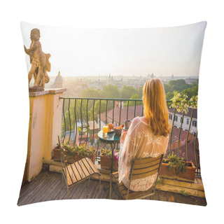 Personality  Woman Sitting On Balcony In Early Morning Pillow Covers