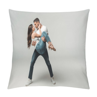 Personality  Dancers In Denim Jeans Dancing Bachata On Grey Background  Pillow Covers